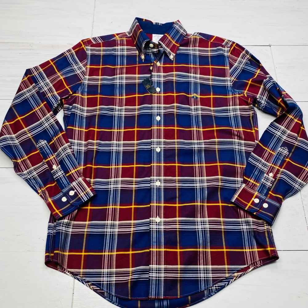 Brooks Brothers Regent Shirt Mens M Blue Red Plaid Supima Cotton Non-Iron Polo